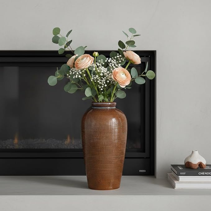 Wancetang Rustic Farmhouse Ceramic Vase - 11 Inch Large Brown Pottery Vases Home Decor, Glazed Textured Decorative Vase for Pampas Grass, Console, Entryway Table Decor, Mantle, Kitchen Centerpieces