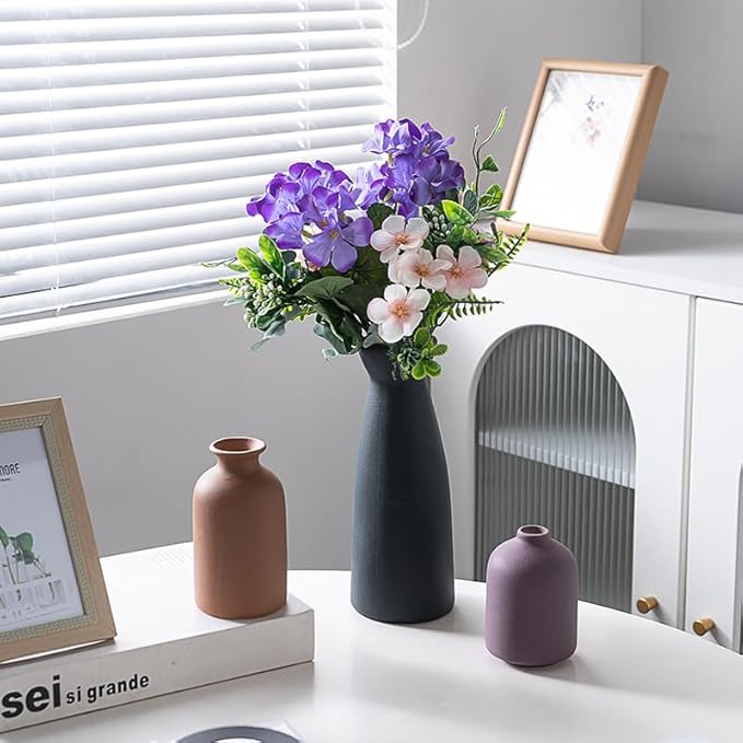 Ceramic Vase Set of 3, Rustic Modern Brown Vases for Bouquet, Fresh or Dried Plants, Home Decor-Modern Decorative Ceramic Flowers Vase for Rustic Home Decor (Black-Pink)