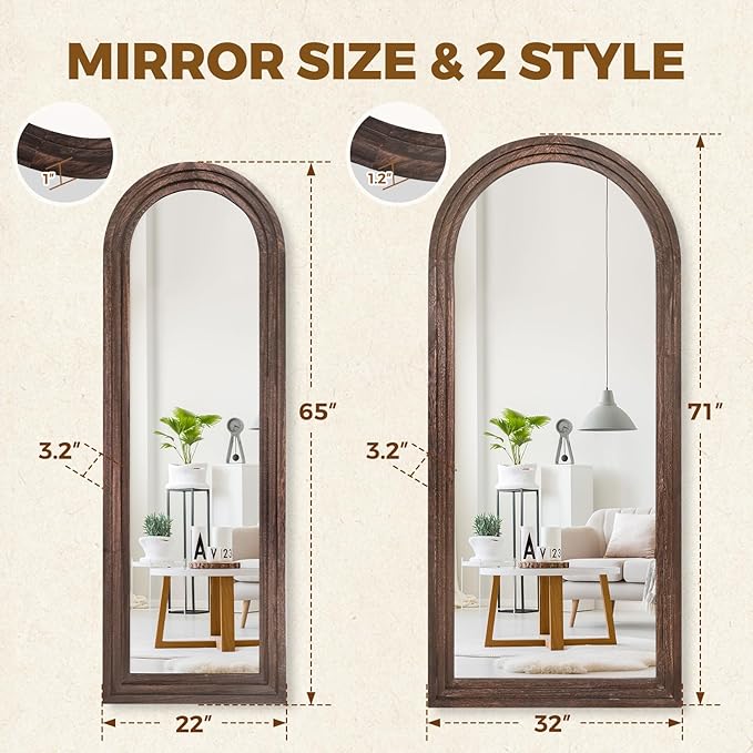 Arched Full Length Mirror 71"x32" - Rustic Brown Solid Wood Wall Mirror, Oversized Leaning or Mounted Design for Bedroom, Entryway, Living Room Décor