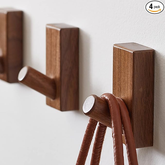 Wood Coat Hooks Wall Mounted - 4 Pack Wooden Wall Hooks for Hanging Robe & Towel, Natural Handmade Hat Hooks Heavy Duty(Walnut Wood)