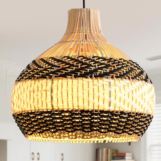 3-Light Rattan Pendant Light,15" Hand-Woven Black White Boho Basket Wicker Chandelier Faux Rattan Hanging Light,for Living Room Bedroom Kitchen Dining Hallway Farmhouse