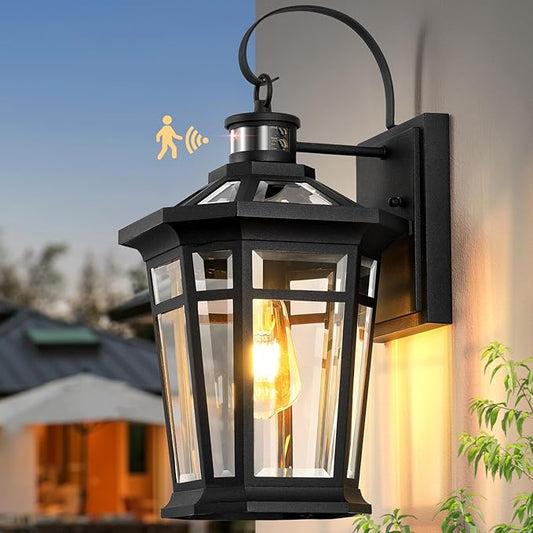 VIANIS Motion Sensor Outdoor Light fixtures Wall Mount, Large Anti-Rust Aluminum Outdoor Lantern, Black Waterproof Outside Wall Sconce for House, Modern Dusk to Dawn Exterior Lighting for Garage