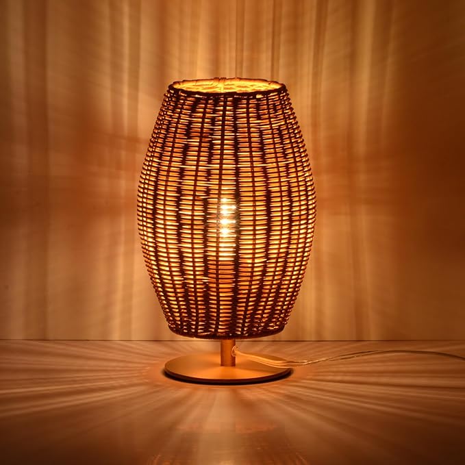 Boho Style Rattan Table Lamp,Dimmable Bamboo Desk Lamp,Naturl Rattan