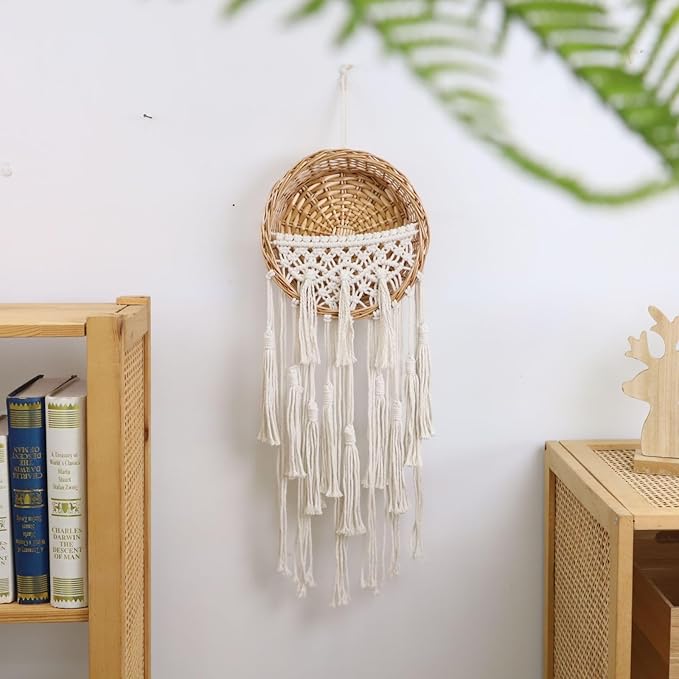 SHCMSADO Macrame Willow Storage For Living Room Bedroom Dorm Background, Boho Wicker Hanging Wall Decor Mini Chic Organizer for Nursery key Aromatherapy and Small daily necessities
