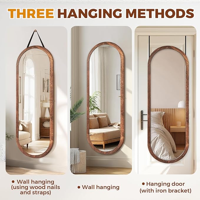 16"x48" Oval Full Length Mirror Solid Wood Wall Mirror with Hanging Strap for Living Room Bathroom Bedroom Entryway - Brown