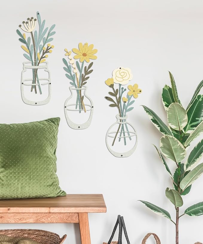 Putuo Decor 3 Pcs Metal Flower Wall Decor Modern Minimalist Iron Wall Sculptures Floral Line Vase Wall Art, Boho Farmhouse Wall Sculptures Hanging for Living Room Bedroom Entryway Kitchen Hallway Home