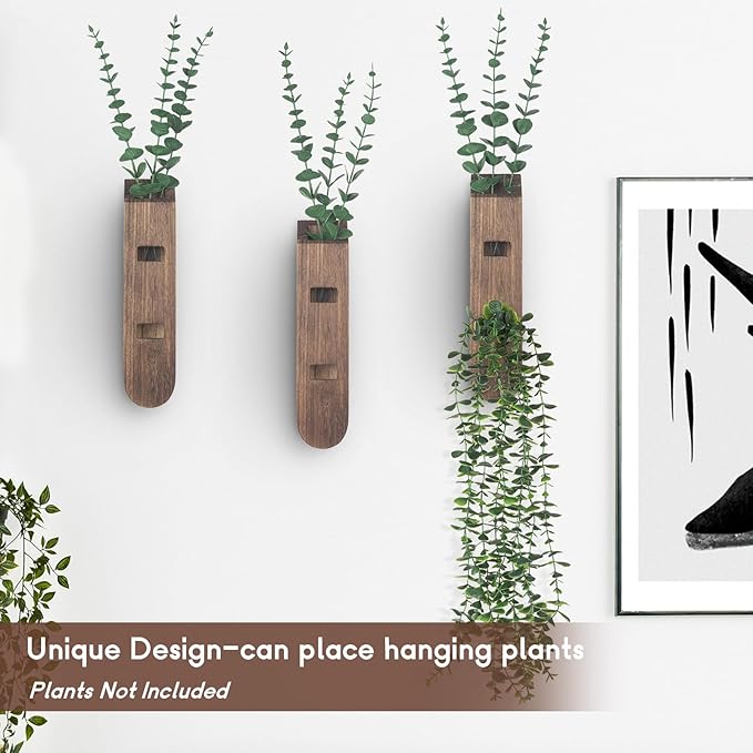 3 Pack Wood Planter Set, Boho Wall Decor for Living Room, Modern Farmhouse Entryway or Bathroom Decor, Wooden Vase Aesthetic Art for Wall Decorations
