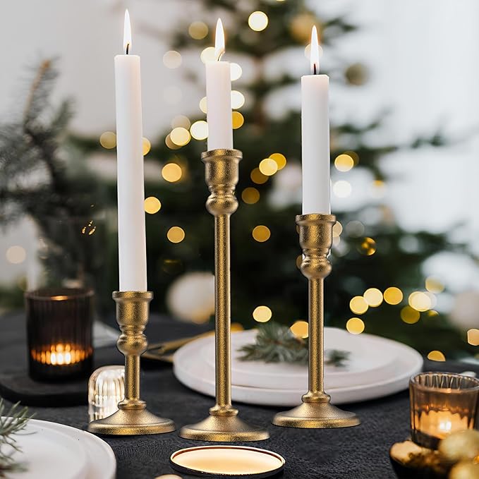 Heavy Candlestick Holders Taper Candle Holders Set of 3, Golden Candlestick Holders Decorative Candle Stand, Tapered Candle Holders Set for Wedding, Dining Table, Home Decoration (Antique Gold)