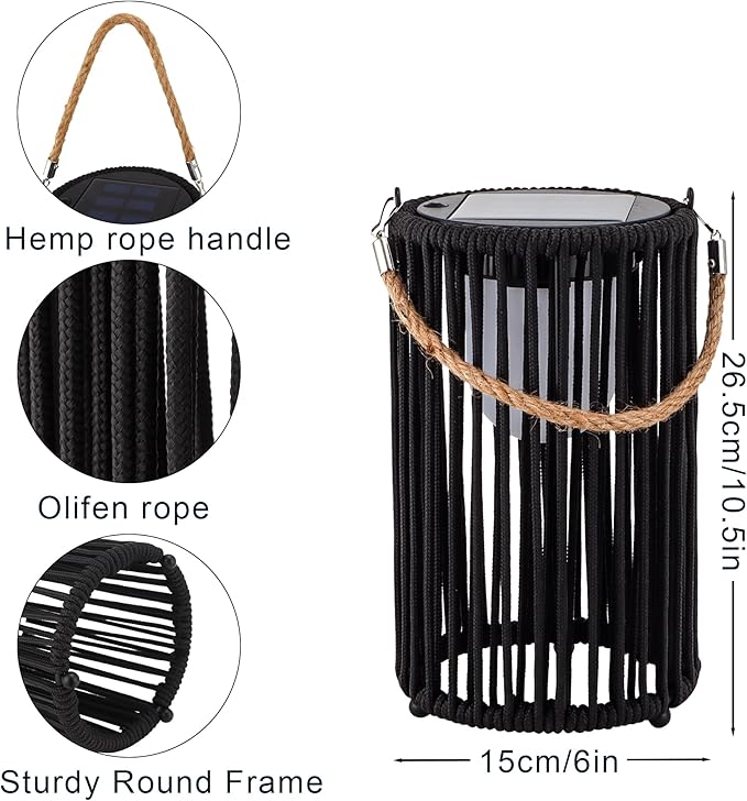 TRIROCKS Set of 2 Solar Lantern Outdoor Table Lamp Outside Hanging Solar Lights with Olifen Rope Waterproof Rattan Outside Deck Light for Patio Garden Lawn Yard (Black)