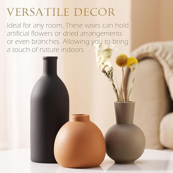 Joeabor Ceramic Vase Set of 3 - Handcrafted Ceramic Vases for Home Decor & Shelf - Modern Farmhouse Decor for Kitchen, Office, Bedroom & Living Room Decorative Objects for Mantel, Table Centerpieces