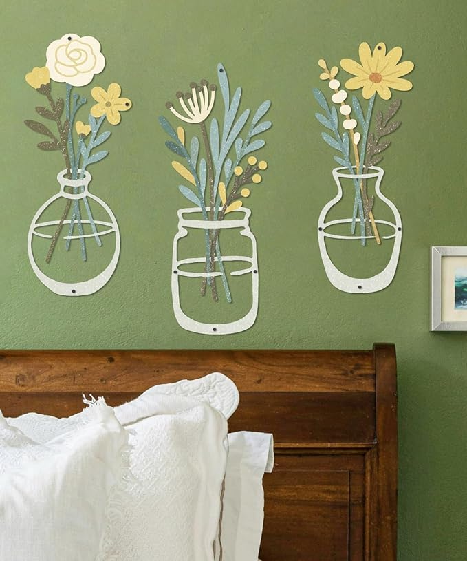 Putuo Decor 3 Pcs Metal Flower Wall Decor Modern Minimalist Iron Wall Sculptures Floral Line Vase Wall Art, Boho Farmhouse Wall Sculptures Hanging for Living Room Bedroom Entryway Kitchen Hallway Home