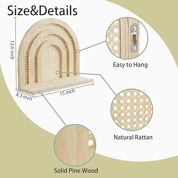 Natural Rattan Shelf, Handmade Woven Hanging Shelf for Storage and Decor, Rustic Farmhouse Boho for Kids, Bedroom, Office