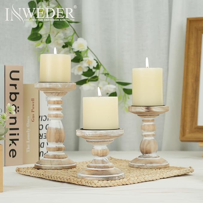 Wood Pillar Candle Holder: 3Pcs Rustic White Candle Holders for Pillar Candles Wood Candle Holders Distressed Wooden Farmhouse Candle Holder Large Rustic Candle Holder for Fireplace Table