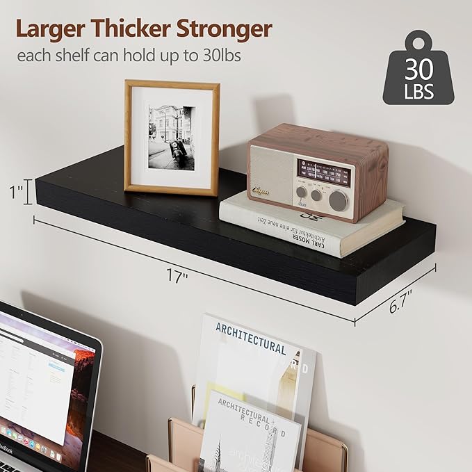 fuqing Floating Shelves for Wall - Black Wood Wall Shelves Set of 3 - Modern Style Wooden Shelves for Room Decor & Storage