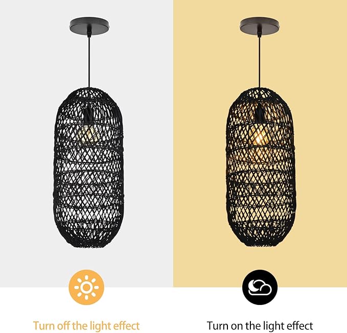 Arturesthome 1 Light Rustic Rattan Basket Pendant Light Fixture, Boho Wicker Chandelier Lamp Black, Coastal Handmade Crafts Lampshade, Farmhouse Hanging Ceiling Lighting for Dining Kitchen