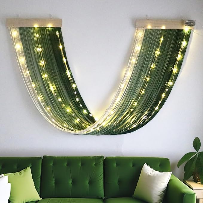 OakHaomie Macrame Fairy Lights Battery Operated with Remote,Large Macrame Wall Hanging with 20ft 100 LED String Lights,Green Gradient Warm White Light for Living Room,Bedroom,Christmas,Holiday Deco