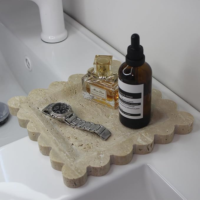 Natural Luxury Marble Tray with Scalloped Edge, Handmade Square Decorative Tray, Catch All Tray for Counter, Dresser, Nightstand and Home Décor (Beige Travertine)