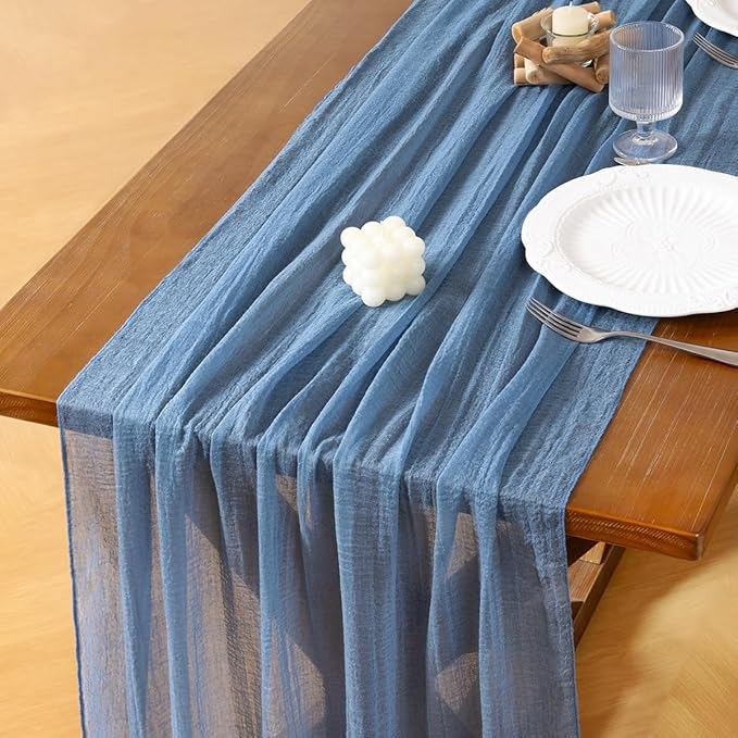 Socomi 3pcs Dusty Blue Fall Thanksgiving Gauze Cheesecloth Table Runner 120 Inch Rustic Boho Cheese Cloth Runner for Wedding Party Baby Bridal Shower Centerpiece Decoration Holiday Home Decorations