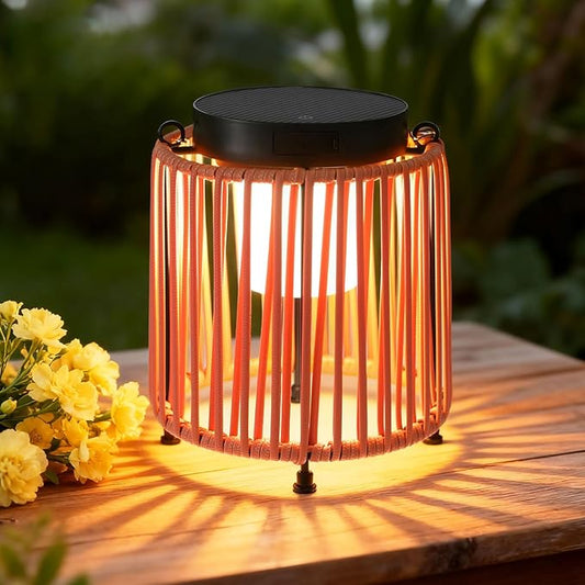 BRIMMEL Solar Lanterns Outdoor Waterproof IP54, Handwoven Wicker Outdoor Table Lamps Portable Rechargeable with 30H+ Runtime, Dual USB-C/Solar Charging, 3 Brightness Levels, Orange
