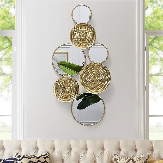 Oakrain Home Decor Metal Wall Mirror with Multi Circle Plates, Large Modern Wall Art Sculpture Decor for Living Room, Office, Bedroom, 45.3 X 1.9 X 21.6 Inches, Gold