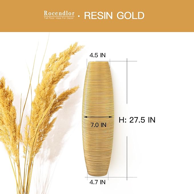 Rocendlor Tall Floor Vase, 27.5 inches (70cm, 2.3FT) Tall Vases Sturdy, Luxury, Textured for Decorative Branches Dried Flowers, Floor Vase for Rustic Living Room, Shelf Decor, Resin Gold