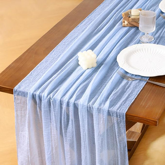Socomi 3pcs Blue Fall Thanksgiving Gauze Cheesecloth Table Runner 120 Inch Rustic Boho Cheese Cloth Runner for Wedding Party Baby Bridal Shower Centerpiece Decoration Holiday Home Decorations