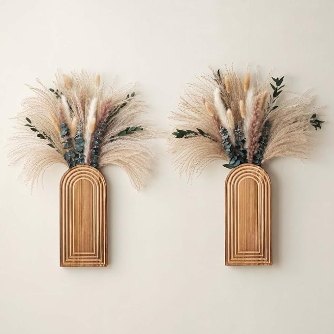 2 Pack Wooden Wall Vase Set with Pampas Grass Eucalyptus, Modern Farmhouse Boho Wall Decor for Living Room, Entryway, Hallway, Bathroom, Dining Room, Brown Wall Art for Home Decoration
