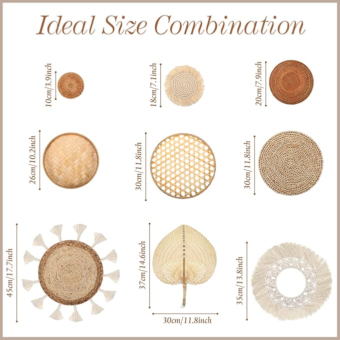 Set of 9 Wall Basket Decor Boho Wall Hanging Decor Rattan Wall Decor Flat Round Wicker Woven Macrame Tassels Tapestry Bamboo Wall Basket Serving Tray Art Handmade Set for Room Bedroom Living Room