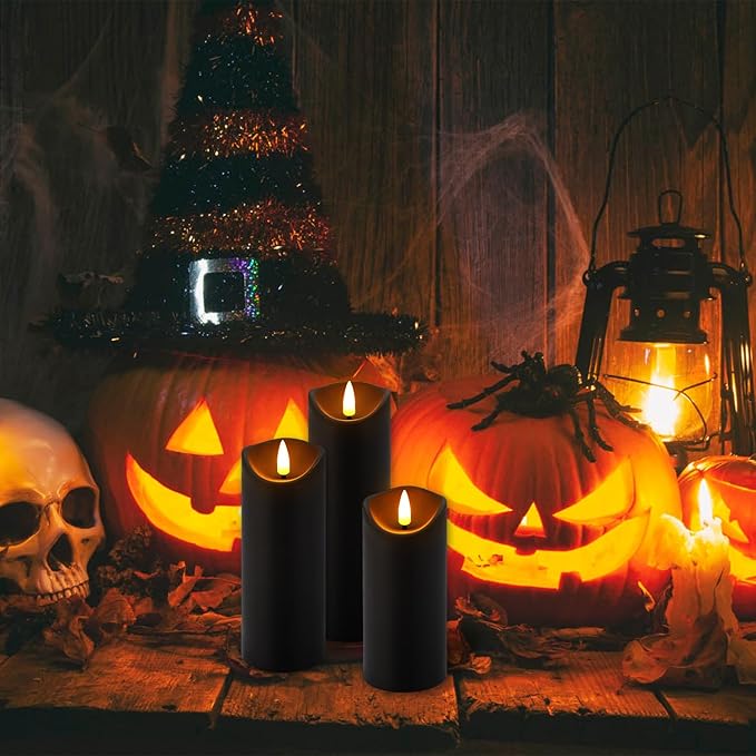 fclayvts Realistic Flameless LED Candle Black Set of 24, Battery Operated with Remote Control, 3D Flame Pillar Timer Funtion Melted Top Safe,Perfect for Indoor/Outdoor Decor,Wedding,BBQ and Gift