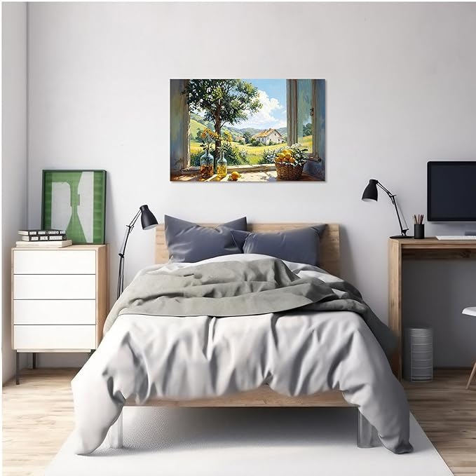 Vintage window farmhouse canvas painting wicker basket full of lemons rolling green hills lush foliage yellow flowers glass bottle rustic charm tranquil country living textured artwork wall decor