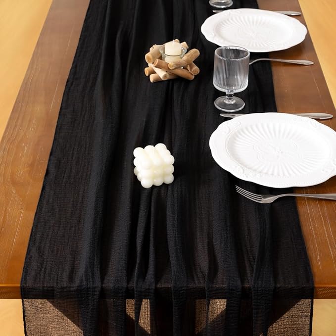 Socomi 6pcs Black Cheesecloth Table Runner Fall Thanksgiving Gauze 120 Inch Rustic Boho Cheese Cloth Runner for Wedding Party Baby Bridal Shower Centerpiece Decoration Holiday Home Decorations