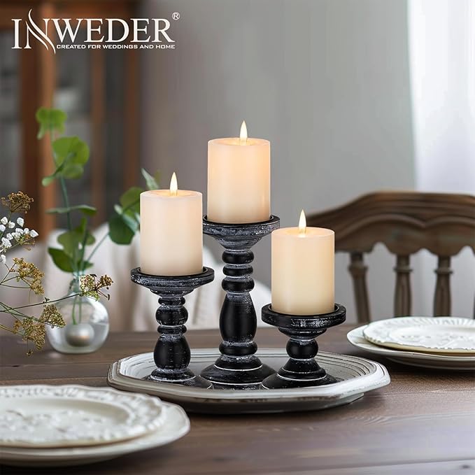 Wood Pillar Candle Holder: 3Pcs Rustic Black Candle Holders for Pillar Candles Wood Candle Holders Distressed Wooden Farmhouse Candle Holder Large Rustic Candle Holder for Fireplace Table