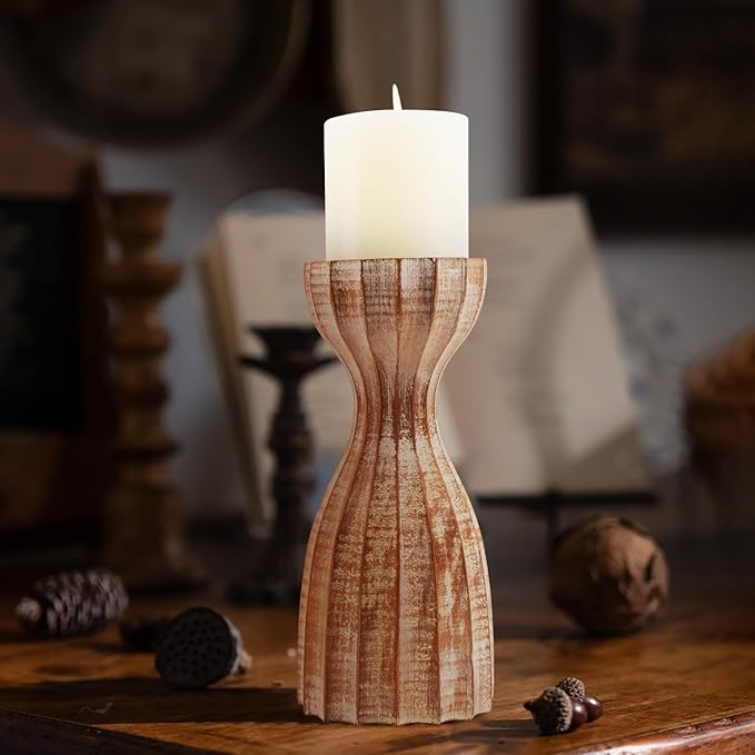 Wood Candle Holders for Pillar Candles Wooden Candlestick Holder Unique Angular Design Home Decer with Solid Wood High-End Retro Farmhouse Style (Retro Wave)