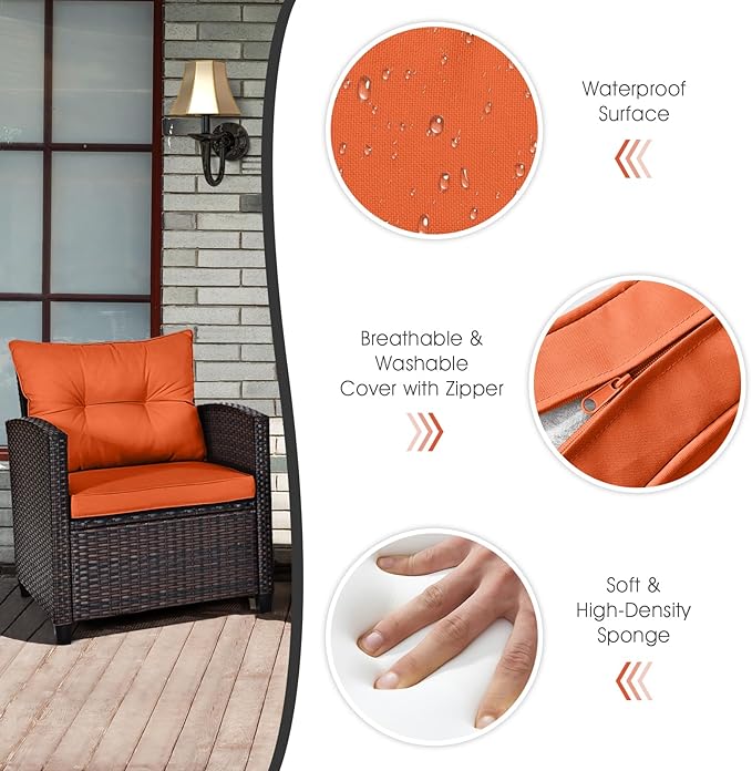 HAPPYGRILL 3 Pieces Patio Conversation Set, Outdoor Furniture Set PE Rattan Sofa Set with Removable Cushions, PE Wicker Chairs with Tempered Glass Side Table for Porch Lawn Garden Balcony Backyard