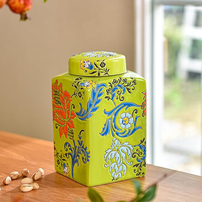Sungmor Decorative Ceramic Ginger Jar with Lid, Square Ceramic Storage Jar Tea Canister, 8.2" Hand Painted Floral Pattern Porcelain Vase for Table Centerpiece, Green Glazed Ginger Jar for Home Decor