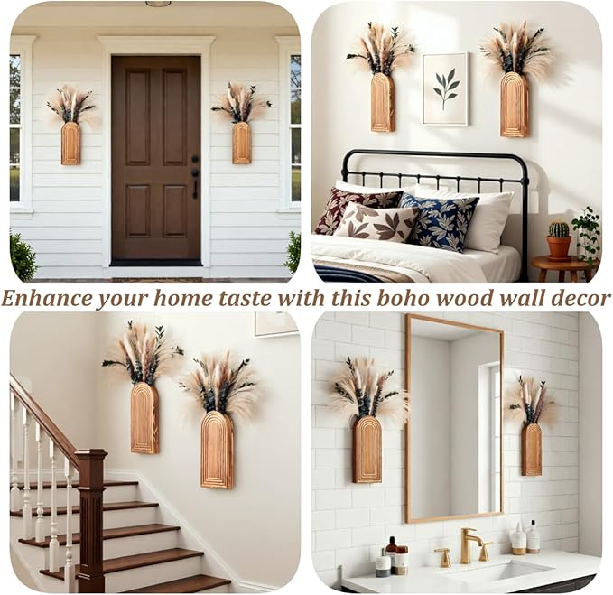2 Pack Wooden Wall Vase Set with Pampas Grass Eucalyptus, Modern Farmhouse Boho Wall Decor for Living Room, Entryway, Hallway, Bathroom, Dining Room, Brown Wall Art for Home Decoration
