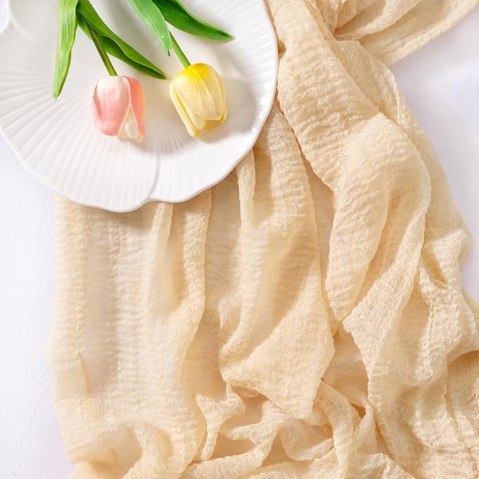 Socomi 6pcs Beige Cheesecloth Table Runner Fall Thanksgiving Gauze 120 Inch Rustic Boho Cheese Cloth Runner for Wedding Party Baby Bridal Shower Centerpiece Decoration Holiday Home Decorations