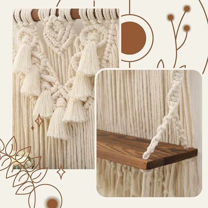ANROYE Single Tier Macrame Boho Wall Hanging Shelf, Handmade Bohemian Wooden Woven Plants Floating Shelves Decor, Mini Chic Organizer for Bathroom Bedroom Western Home Nursery Storage Gift