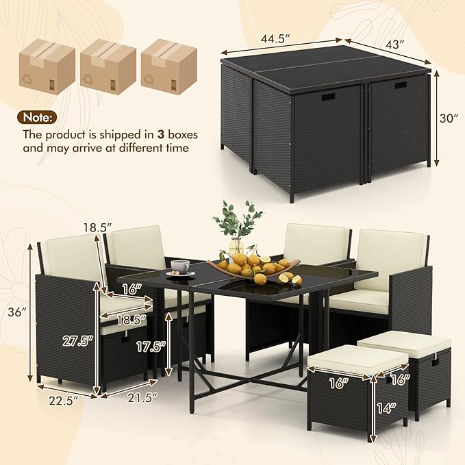 Tangkula 9 Pieces Outdoor Dining Furniture Set, Space-Saving Wicker Rattan Chairs & Tempered Glass Table with Ottomans, Cushioned Seat, Patio Conversation Set for Garden Yard Poolside