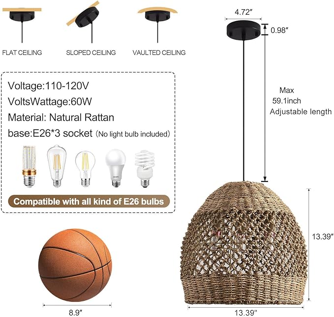 13.39" Rattan Pendant Light 3-Light Boho Hanging Wicker Hand-Woven Seagrass Chandelier for Kitchen Islands Farmhouse