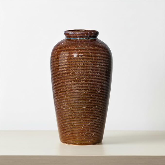 Wancetang Rustic Farmhouse Ceramic Vase - 11 Inch Large Brown Pottery Vases Home Decor, Glazed Textured Decorative Vase for Pampas Grass, Console, Entryway Table Decor, Mantle, Kitchen Centerpieces