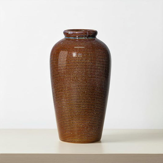 Wancetang Rustic Farmhouse Ceramic Vase - 11 Inch Large Brown Pottery Vases Home Decor, Glazed Textured Decorative Vase for Pampas Grass, Console, Entryway Table Decor, Mantle, Kitchen Centerpieces