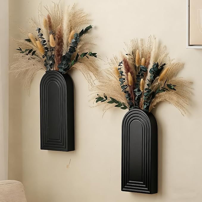 2 Pack Wooden Wall Vase Set with Pampas Grass Eucalyptus, Modern Farmhouse Boho Wall Decor for Living Room, Entryway, Hallway, Bathroom, Dining Room, Black Wall Art for Home Decoration