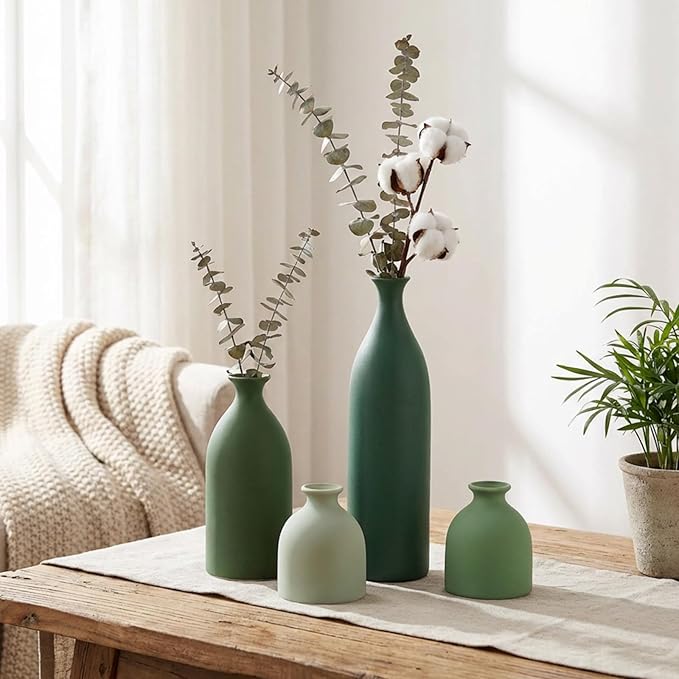 Dandat Ceramic Vase Set of 4, Modern Decorative Ceramic Vases Rustic Pottery Centerpiece Table Decor for Farmhouse Bouquet Pampas Grass Dried Fresh Flowers, Living Room, Kitchen, Bedroom(Green)