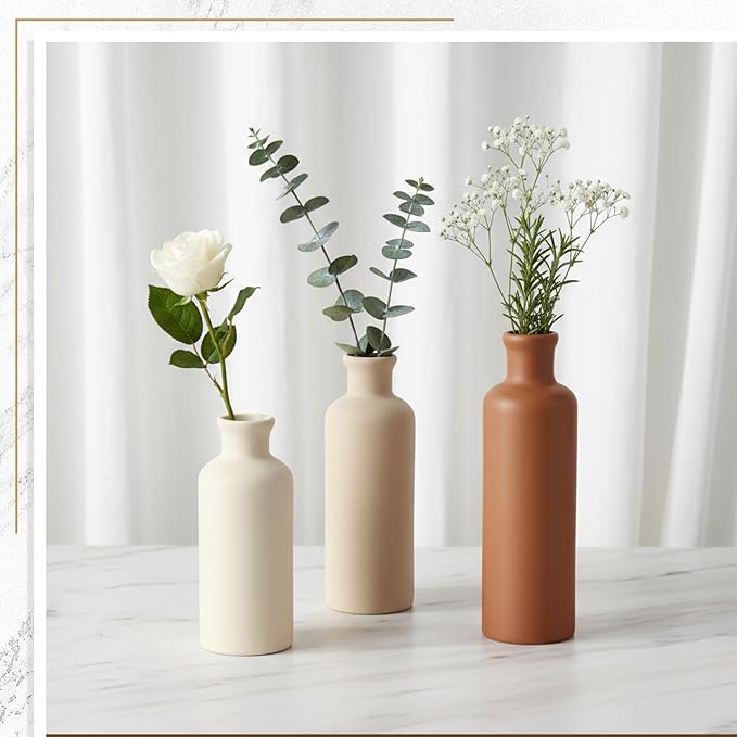 Tiangrid 5 Pcs Rustic Country Tabletop Centerpieces Decor Set of 3 Boho Ceramic Vases with Wooden Serving Tray Wood Bead Garland Tassels Table Holder for Home Decorations (Brown)