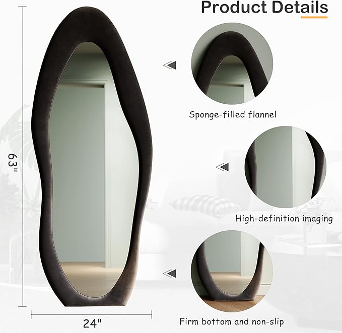 Honyee Full Length Mirror, 63" x 24" Wall Mirror, Flannel Wrapped Wooden Frame Floor Mirror, Irregular Wavy Mirror Hanging or Leaning Against Wall for Cloakroom/Bedroom/Living Room, Black