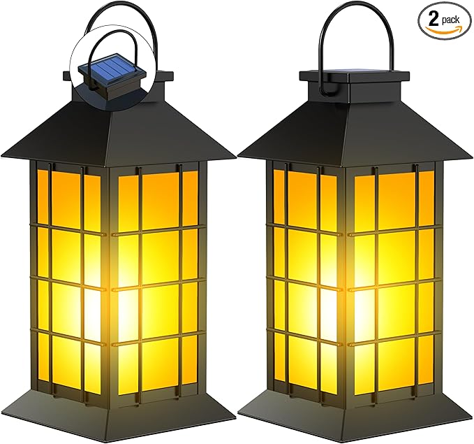 anyperfect 2 Pack 13" Black Solar Lantern with Flickering Flame Candle | Outdoor Waterproof Hanging Solar Lanterns, Metal & Glass Lights for Garden Decoration, Rustic Gifts for Mom