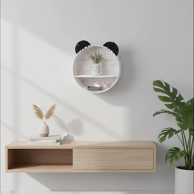 Wicker Wall Shelf, Round Rattan Hanging Organizer with Black Ears, Cute Nursery Wall Decor for Kids Room, Baby Bedroom Storage Rack, Small Floating Shelf for Plants, Toys & Home Décor
