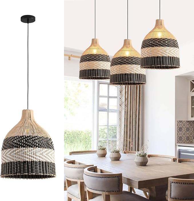 15.75" Rattan Pendant Light Black White Faux Rattan Basket Chandelier 1-Pack Boho Handmade Woven Wicker Hanging Light Fixture for Public Place Dining Living Bedroom Kitchen Farmhouse