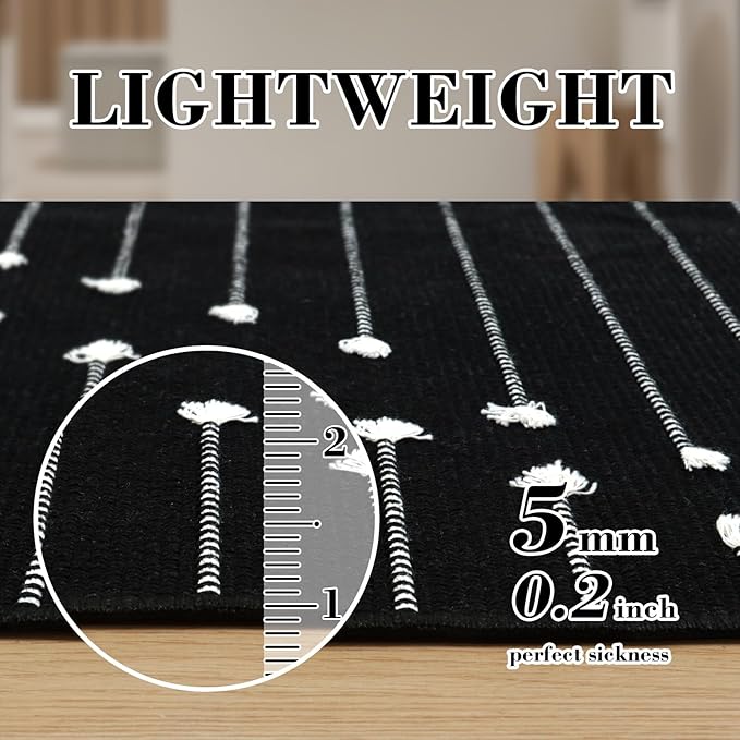 LIVEBOX Boho Area Rug 8' x 10' Black Living Room Rug Washable Moroccan Cotton Rugs for Bedroom, Large Thin Carpet Indoor Outdoor Floor Rug for Dining Room Home Office